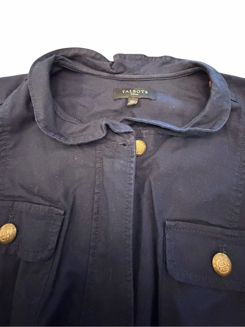 Talbots Navy Blue Utility Jacket Zip Up Military Gold Snaps 4 Pockets 20W Preppy